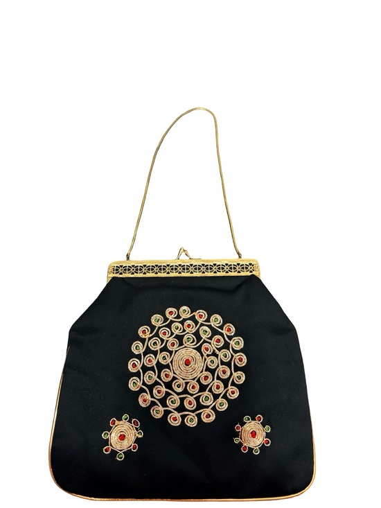 Vintage Handbags - Vintage Black Satin Embroidered Evening Bag‎ Gold Kiss Lock Purse